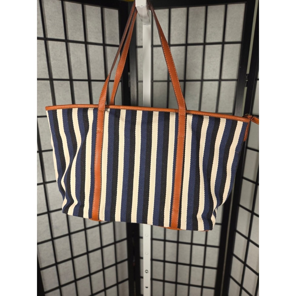 Nautical Striped Canvas Tote Bag Navy Blue Cream Brown Trim Large Shoulder Bag